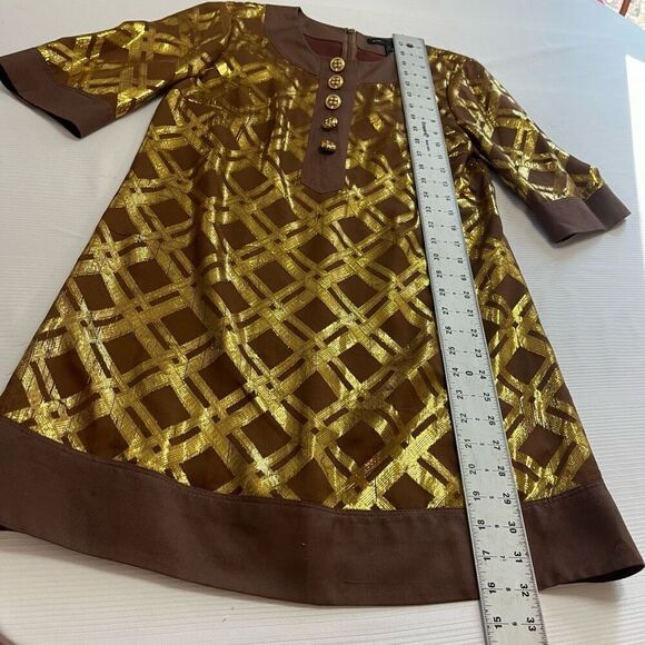 Marc By Maarc Jacobs Retro VTG Brown Gold Silk Metallic Dress Size 6 - Picture 4 of 8